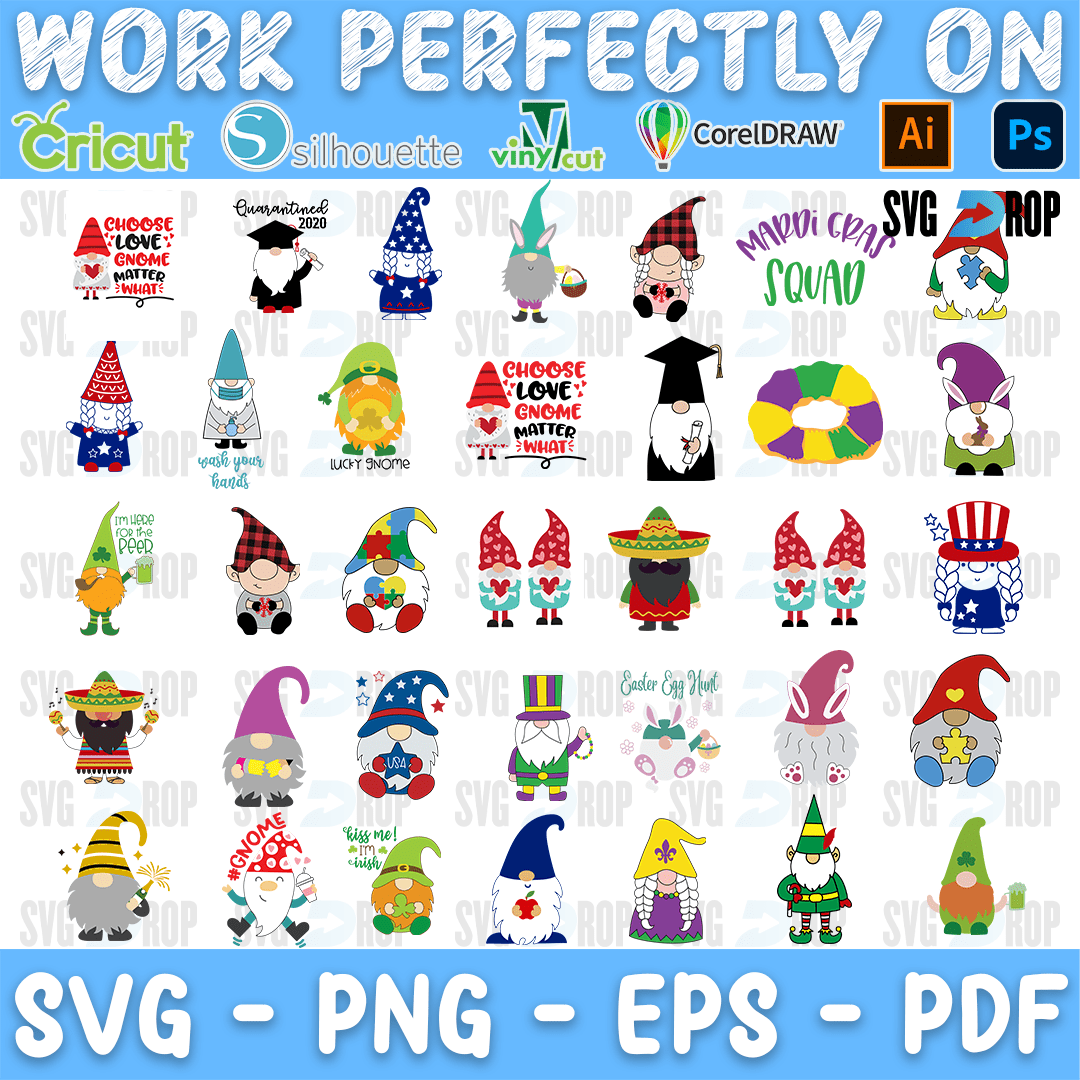 A set of full color gnomes for holidays through the year: Mardi Gras, patriotic, St Patrick’s Day, Christmas, graduation and Valentine. SVG bundle