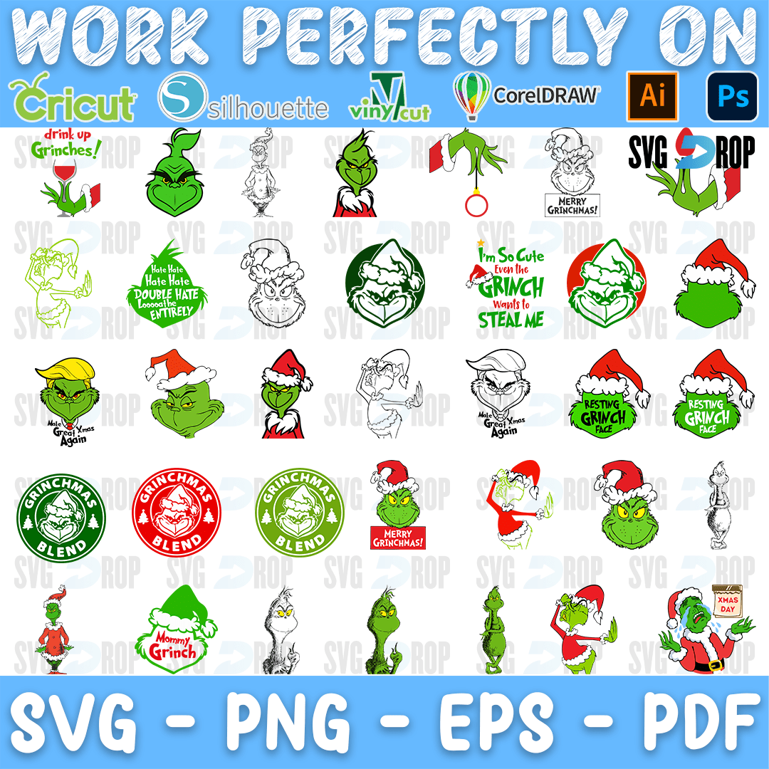 A bundle of Grinch designs: round Grinchmas Blend coffee badges, Grinch faces in Santa hats, line art Grinch heads, a Drink Up Grinches. SVG bundle