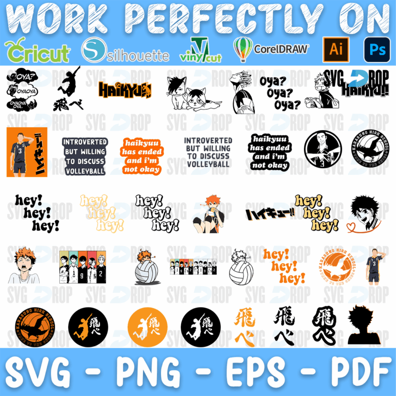 A Haikyuu set: Hinata jumping, Karasuno crow emblems, volleyballs, Hey Hey Hey, Oya Oya Oya, Introverted But Willing to Discuss. SVG bundle