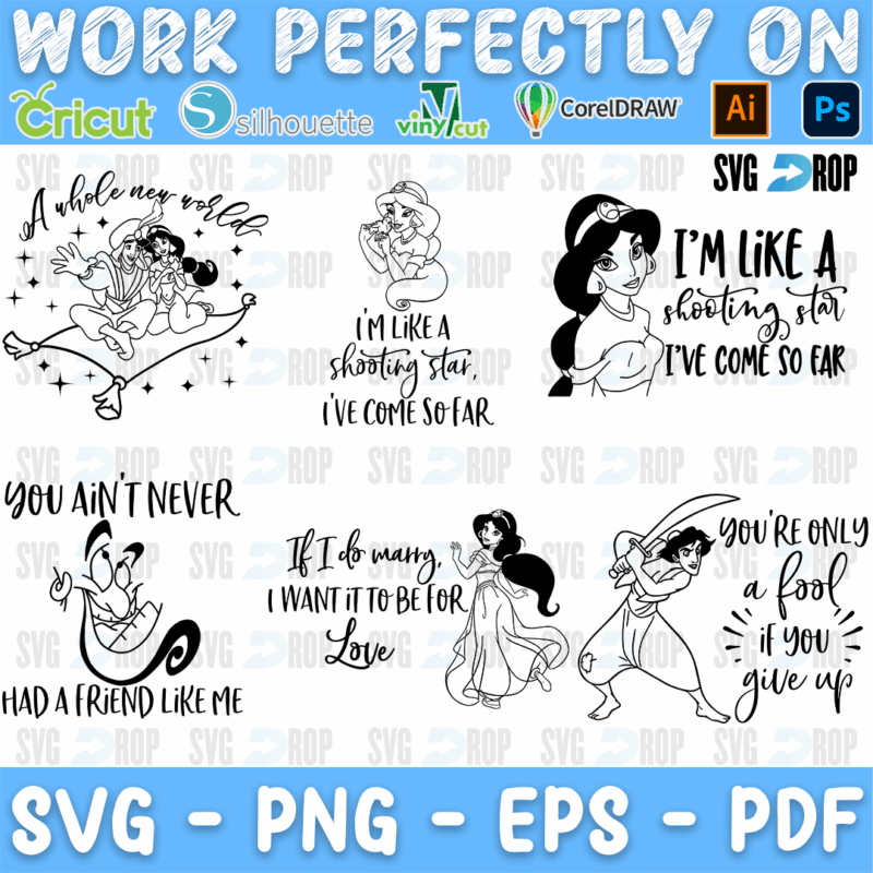 Aladdin Line Art Quotes Bundle SVG