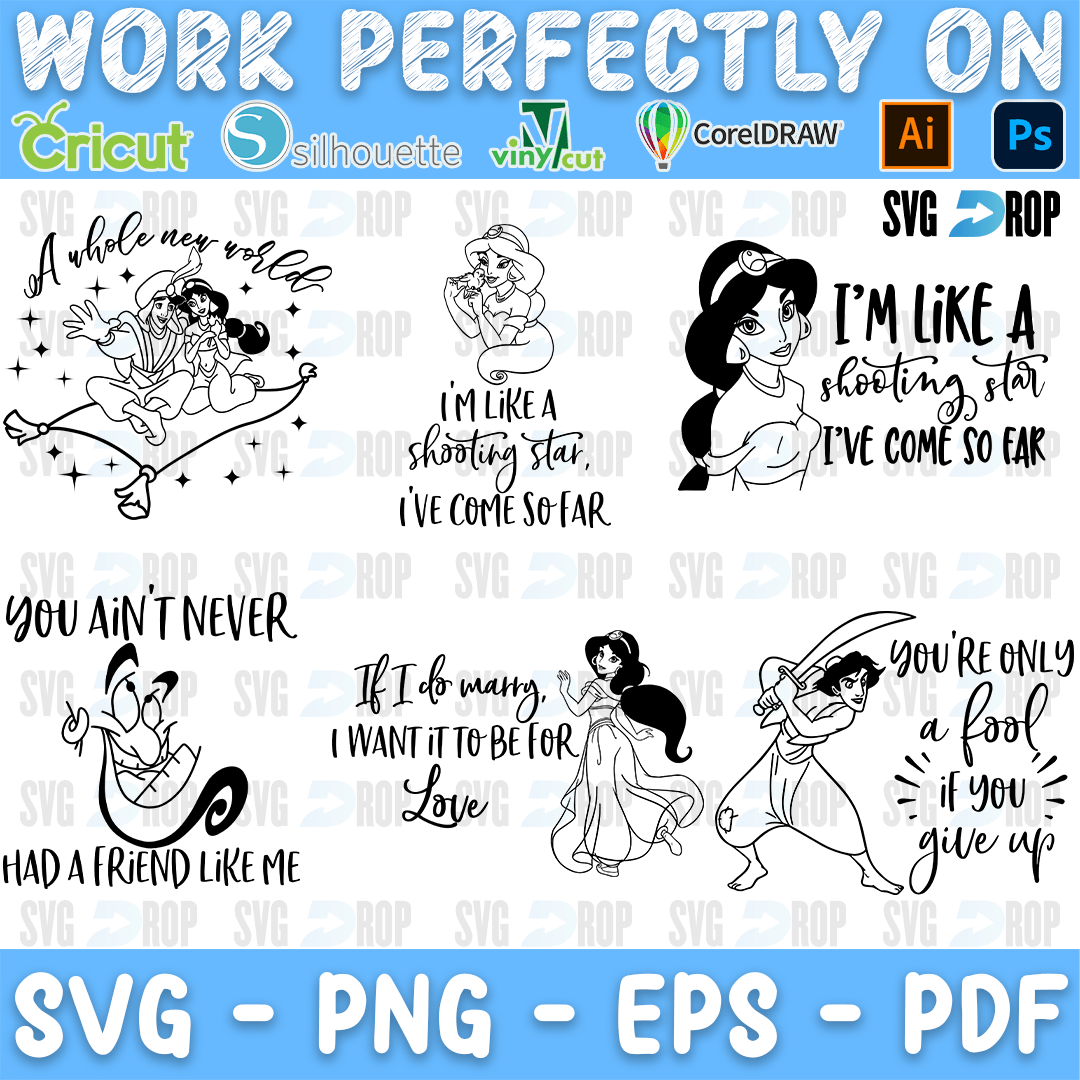 Aladdin Line Art Quotes Bundle SVG