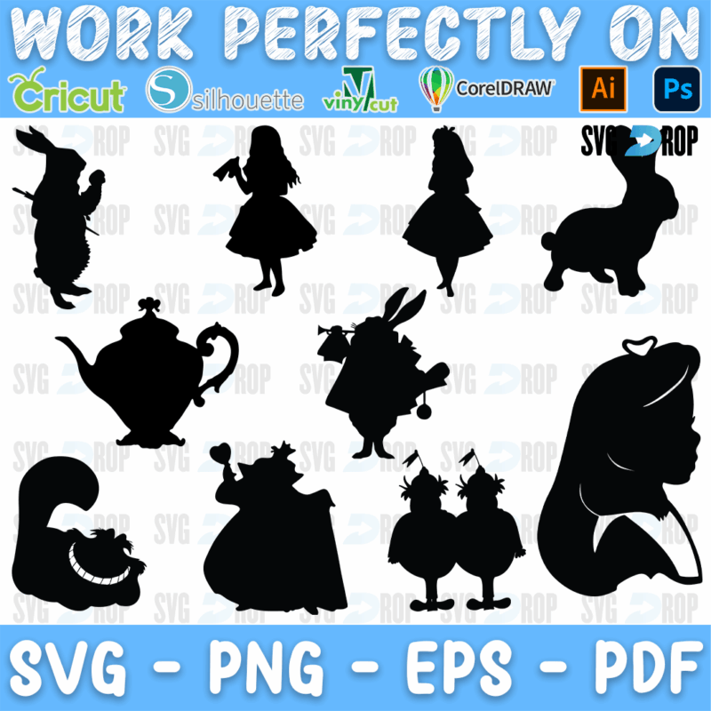 Alice in Wonderland Character Silhouettes Bundle SVG