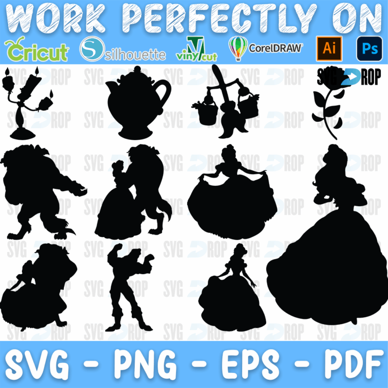 A set of black Beauty and the Beast silhouettes: Mrs. Potts, Lumiere, a rose, the Beast, Belle in her ball gown and the couple dancing. SVG bundle