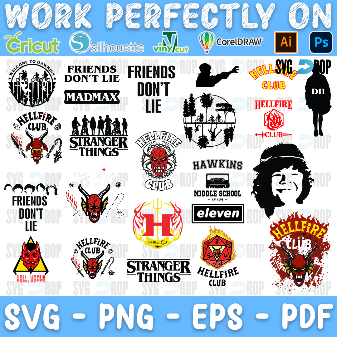 A sheet of Stranger Things designs built around the Hellfire Club: red and black Hellfire Club logos, Friends Don’t Lie, Mad Max, Hawkins. SVG bundle