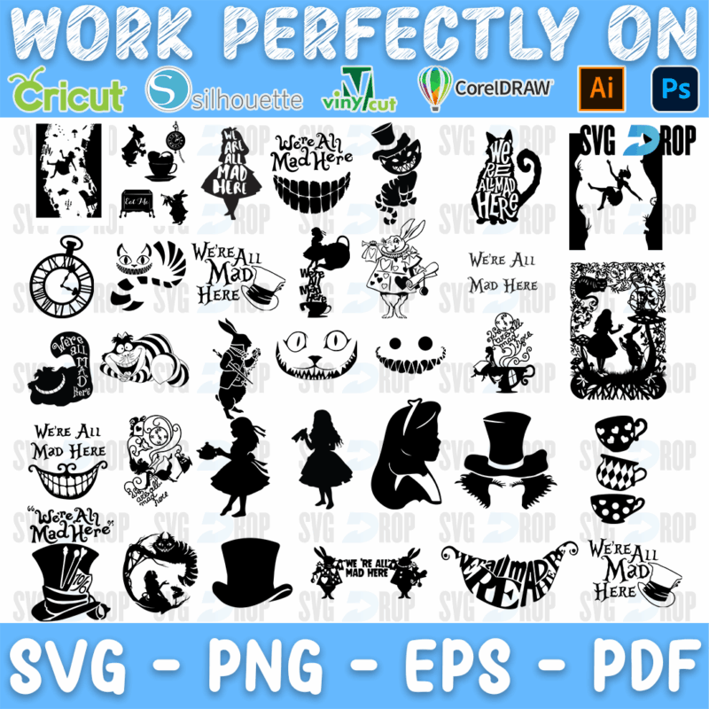 Alice in Wonderland Mad Here Silhouettes Bundle SVG