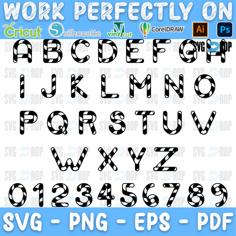 A candy cane style uppercase alphabet from A to Z plus numbers 0 to 9, with each letter outlined in black and filled with diagonal. Font SVG cut file