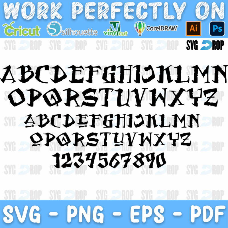 A Moana style lettering set in black brush strokes: a large uppercase alphabet, a smaller alphabet below it and numbers 1 to 0. Font SVG cut file