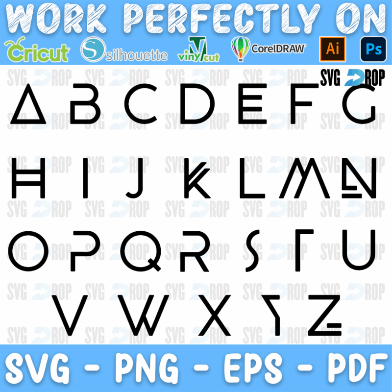 A Wakanda style alphabet: thin geometric black capital letters built from straight lines and angles, with some letters missing. Font SVG cut file
