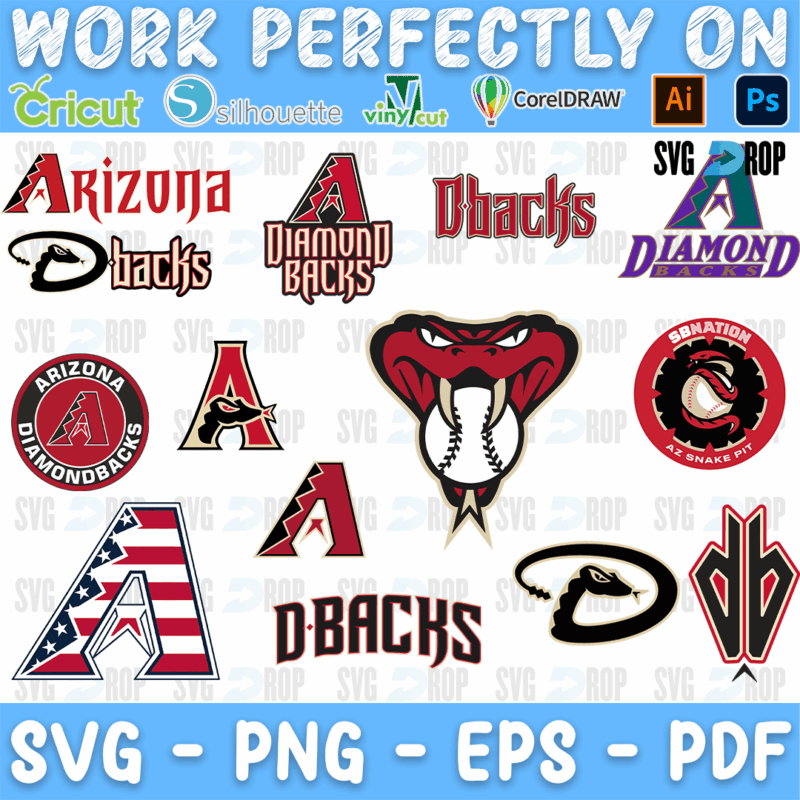 An Arizona Diamondbacks logo set: the A logo, the snake head, Dbacks and Diamondbacks lettering, round team badges and a stars. SVG bundle