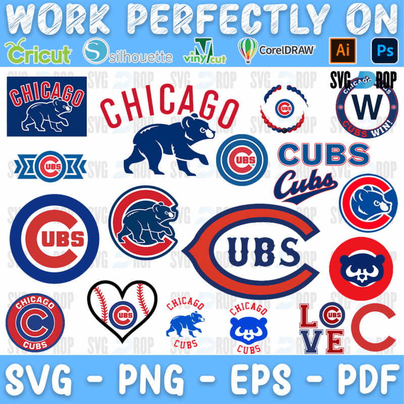 A sheet of Chicago Cubs designs in blue and red: the round Cubs logo, the walking bear, Chicago wordmarks, the W flag, a baseball heart. SVG bundle
