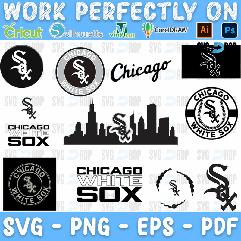 A Chicago White Sox design set in black: the Sox logo, round Chicago White Sox badges, Chicago script lettering and the Chicago skyline. SVG bundle