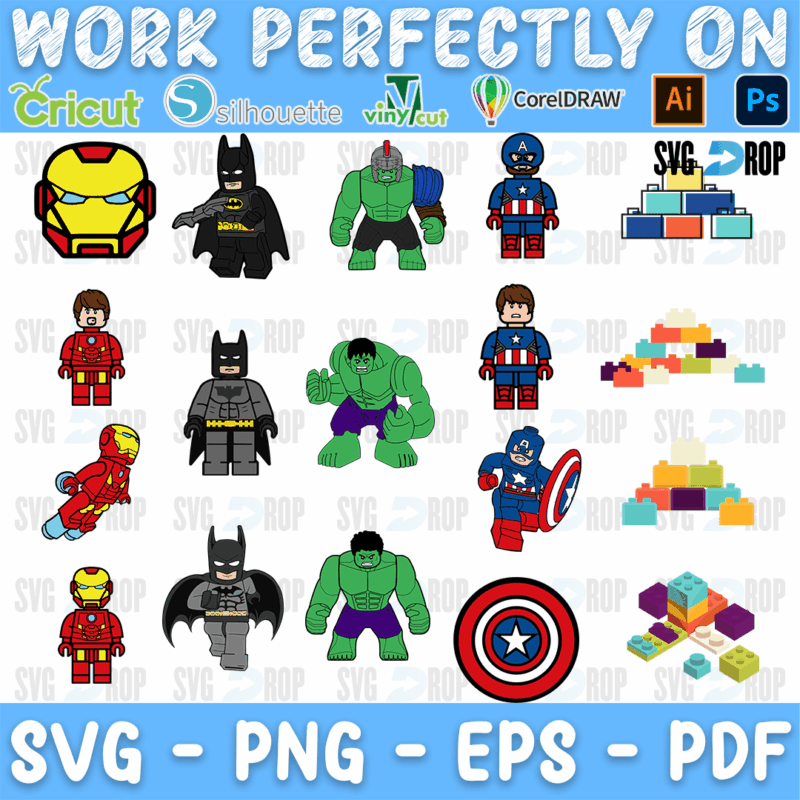 A sheet of Lego minifigure superheroes: Iron Man, Batman, Hulk and Captain America in several poses, plus Captain America’s shield. SVG bundle