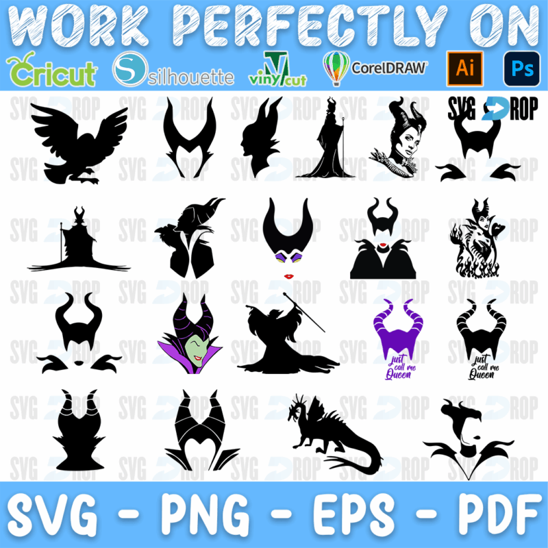 A sheet of Maleficent silhouettes: her horned headdress, profile and full figure poses, the raven, the castle and the dragon, with a few. SVG bundle