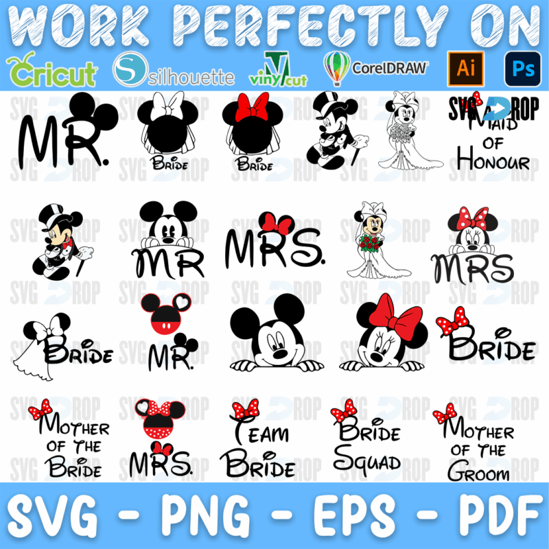 A sheet of Mickey and Minnie wedding party designs: Mr and Mrs ears, Minnie with a red bow, Bride, Team Bride, Bride Squad, Maid. SVG bundle