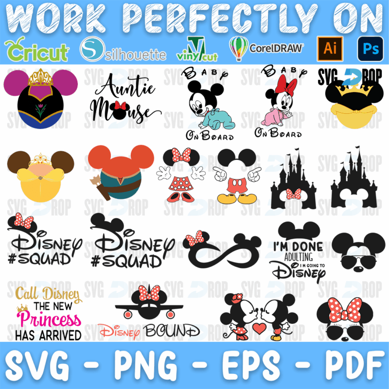 A sheet of Disney themed designs: princess mouse ears, Auntie Mouse, Baby on Board, the castle, Disney Squad, Disney Bound, I’m Done. SVG bundle