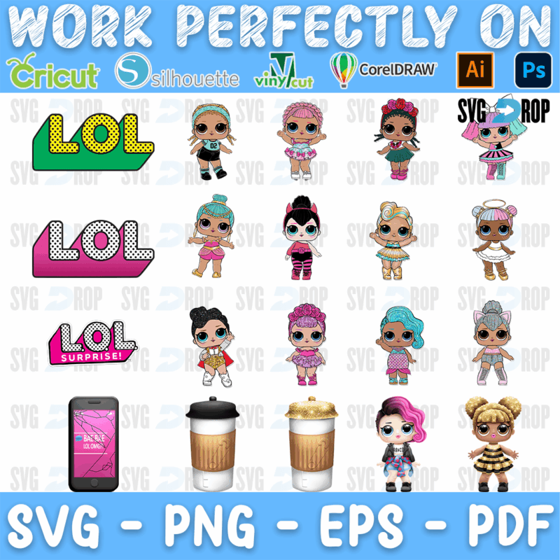 A full color LOL Surprise design set: three LOL logos, dolls in different outfits, a pink phone and coffee cups. SVG bundle