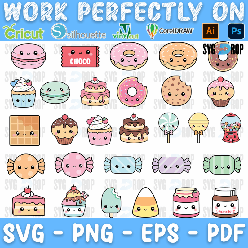 A sheet of kawaii sweets with happy faces: macarons, donuts, cupcakes, cookies, cake slices, candy, a lollipop, a gumball machine, an ice. SVG bundle