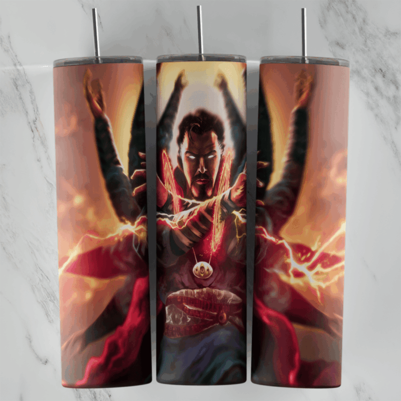 A Doctor Strange tumbler wrap showing Doctor Strange casting a spell with several raised arms, a red cloak and bright red. Sublimation design