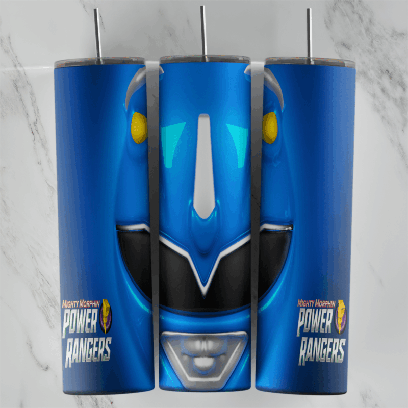 A blue 20 oz tumbler wrap shaped as the Blue Ranger helmet with a horned black visor, silver mouthpiece and the Power Rangers. Sublimation design