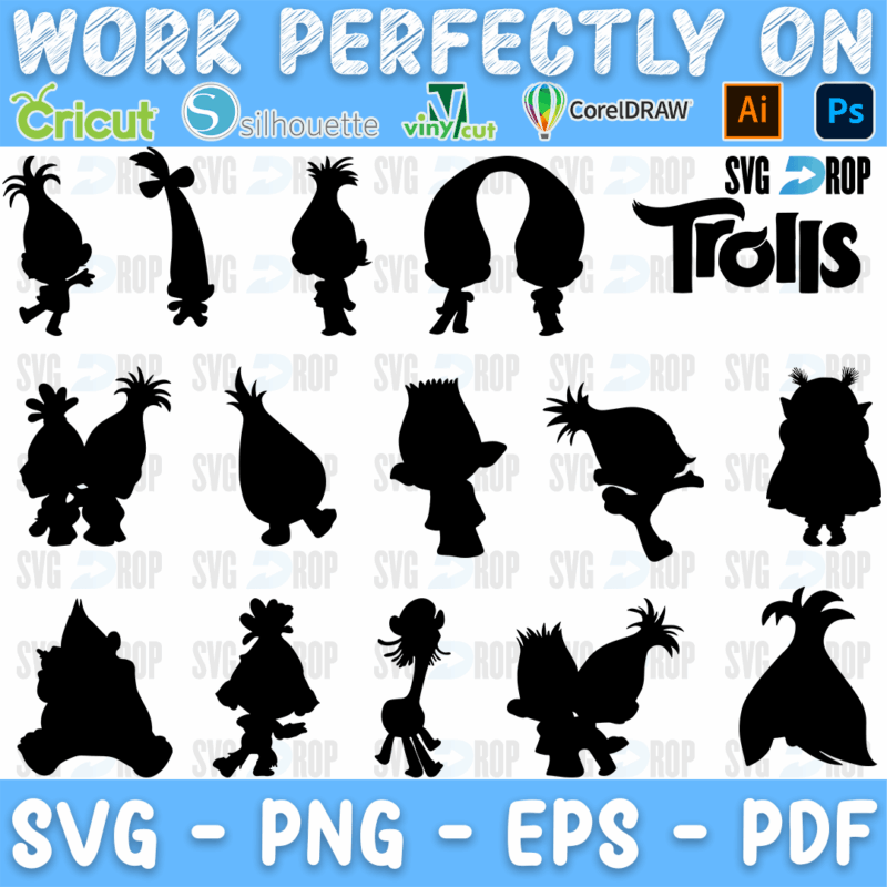 A sheet of Trolls silhouettes: Poppy, Branch and other trolls with their tall hair, a rainbow hair arch and the Trolls logo, all in solid. SVG bundle