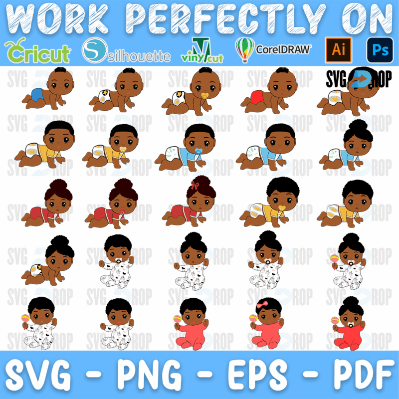 A sheet of Afro kids designs: Black baby boys and girls crawling, sitting and peeking, with curly hair and afro puffs, in blue, white. SVG bundle