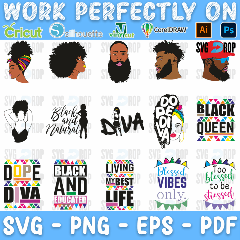 A sheet of Afro portraits and lettering: a woman in a head wrap, bearded men, Black and Natural, Diva, Dope Diva, Black Queen, Living My. SVG bundle