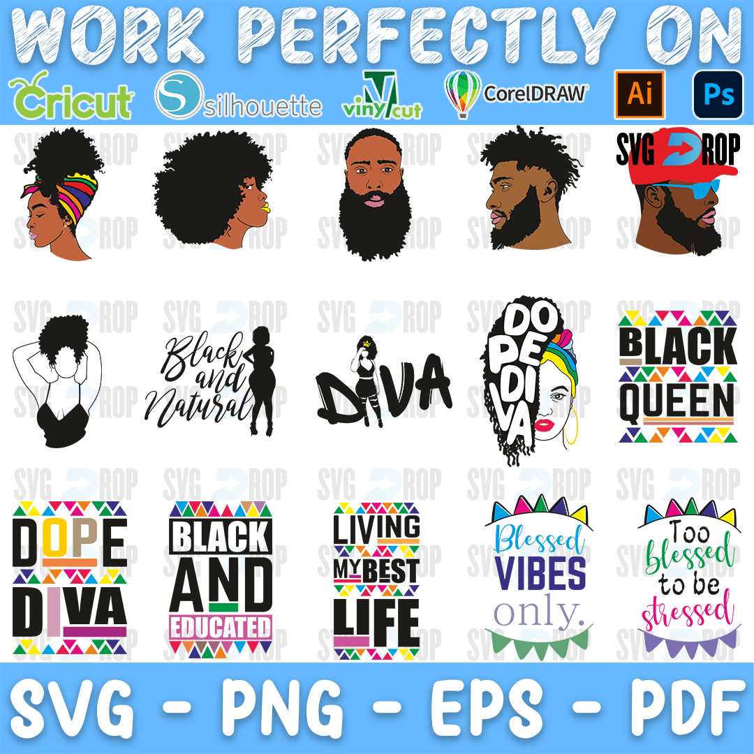 A sheet of Afro portraits and lettering: a woman in a head wrap, bearded men, Black and Natural, Diva, Dope Diva, Black Queen, Living My. SVG bundle