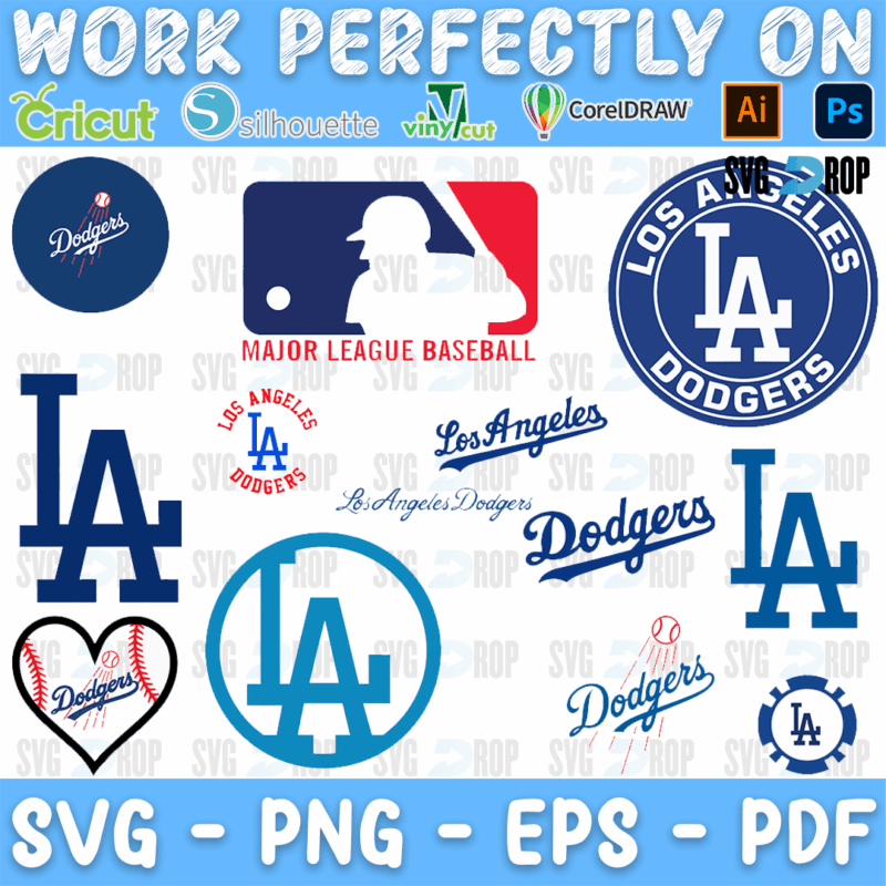 A sheet of Dodgers logo designs in blue and red: the LA monogram, the round Los Angeles Dodgers badge, Dodgers script, a baseball heart. SVG bundle