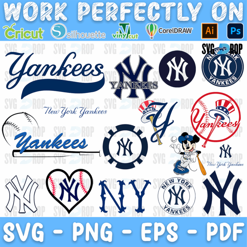 A New York Yankees logo set in navy and white: the NY monogram, Yankees script, the top hat bat logo, round badges, a heart NY and Mickey. SVG bundle