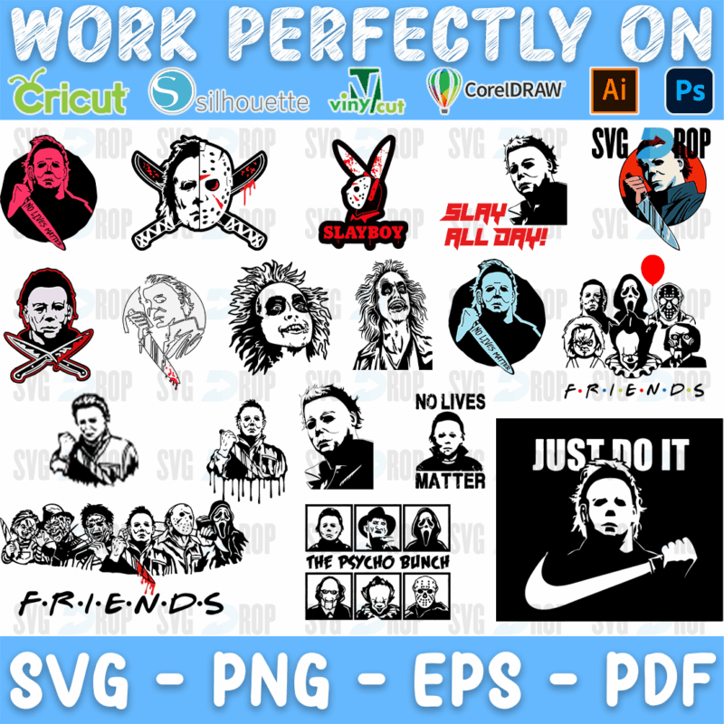 A sheet of horror movie designs centered on Michael Myers: his mask and knife, Friends style horror villain lineups, The Psycho Bunch. SVG bundle