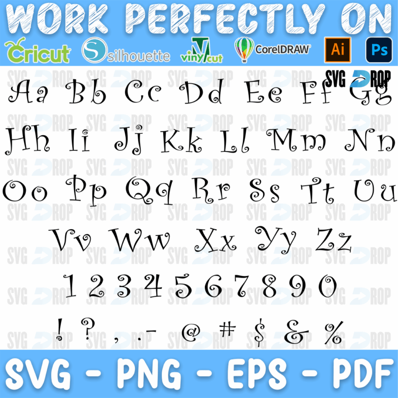 Curly font: letters in the Curly style for names, words and signs. Font SVG cut file