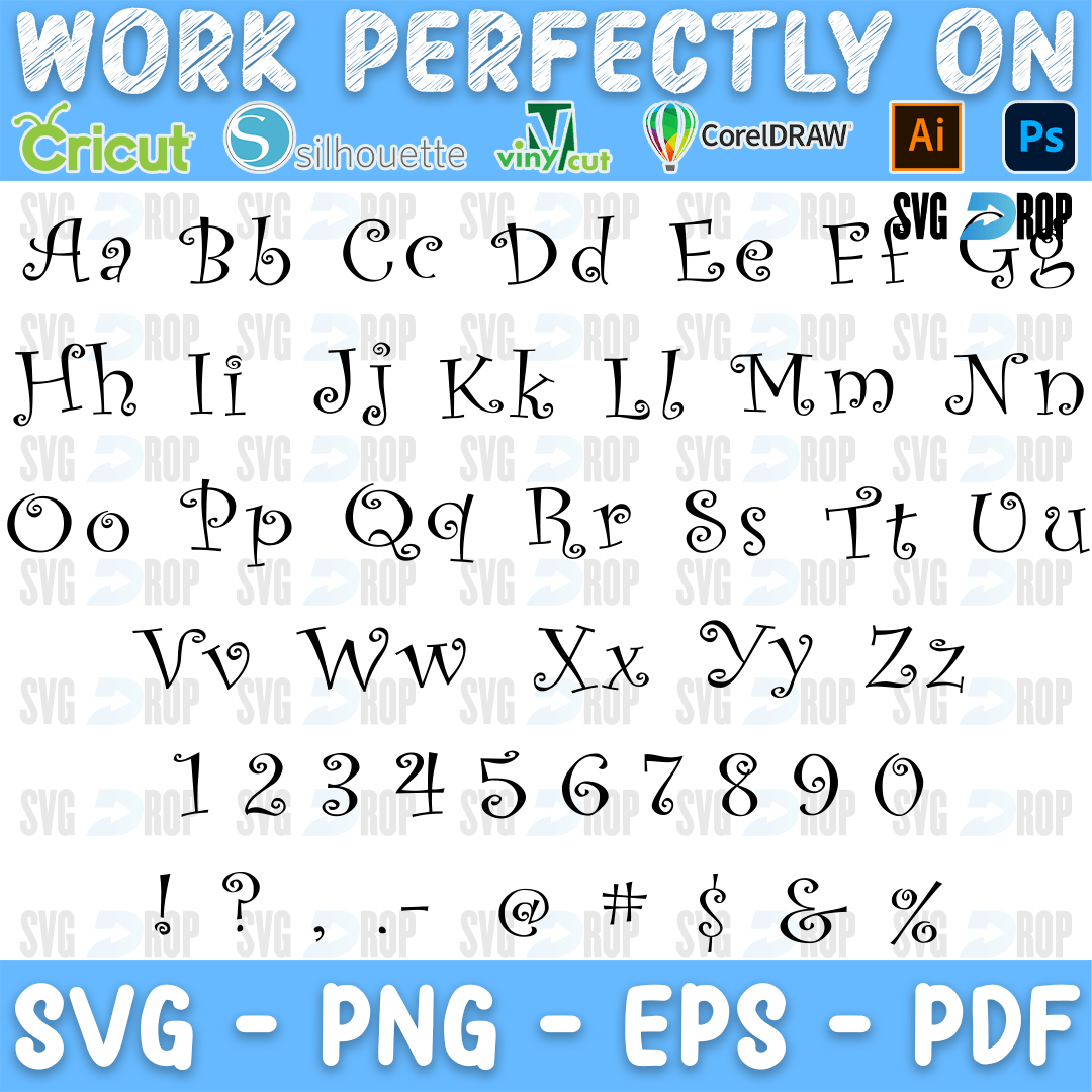 Curly font: letters in the Curly style for names, words and signs. Font SVG cut file