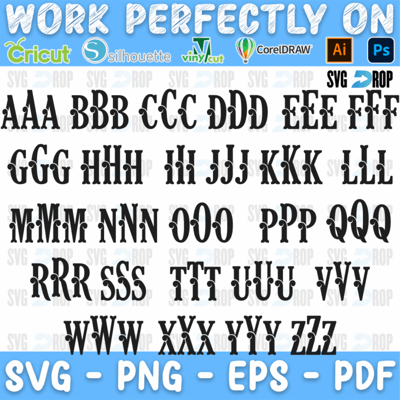 A curly monogram alphabet: decorative serif letters with curly ends, shown as three letter sets from AAA to ZZZ for building. Font SVG cut file