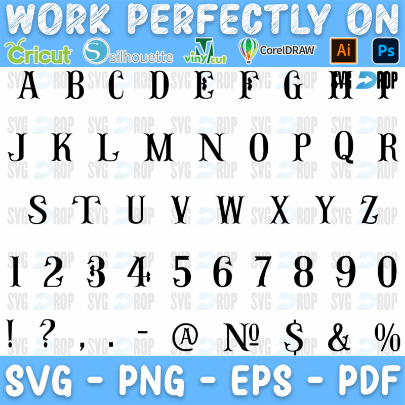 A fishtail style alphabet: black serif capital letters with flared, split ends, plus numbers 0 to 9 and punctuation and symbols. Font SVG cut file