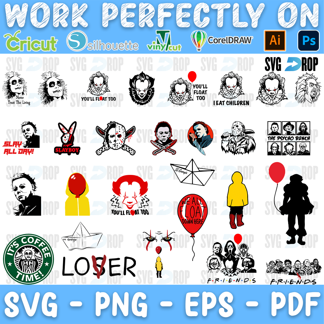 A horror movie design sheet: Pennywise, Georgie’s raincoat, a paper boat, Michael Myers, Jason, Chucky, Slay All Day, I Eat Children. SVG bundle