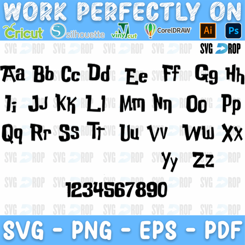 A Lilo and Stitch style alphabet: playful black letters in capital and lowercase pairs like the movie title, plus numbers 0 to 9. Font SVG cut file