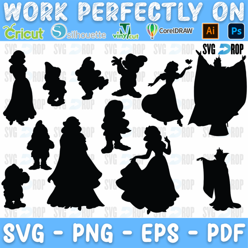 A set of black Snow White silhouettes: Snow White in her gown, the seven dwarfs in different poses, the Evil Queen and the old witch. SVG bundle