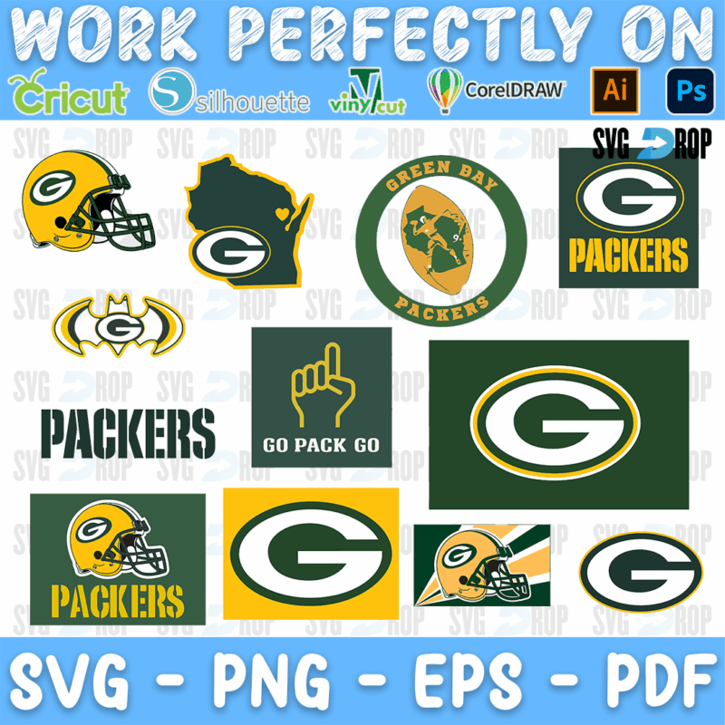 A Green Bay Packers logo set in green and gold: the G logo, the helmet, the Wisconsin map, a foam finger with Go Pack Go, round badges. SVG bundle