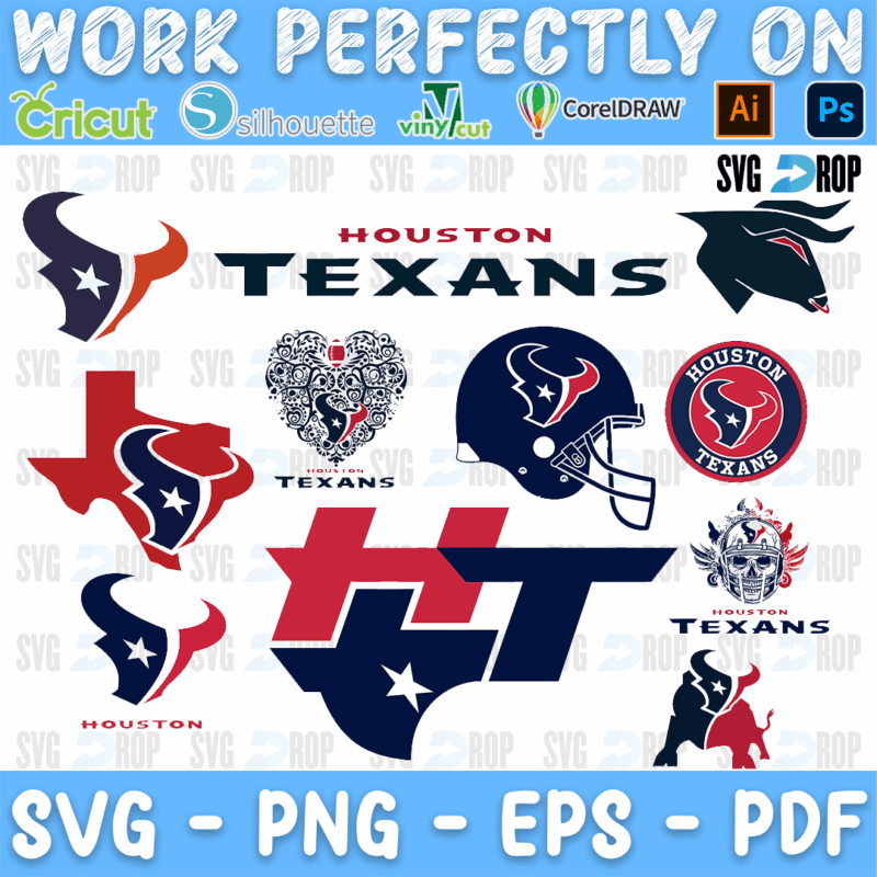 A Houston Texans logo set in navy and red: the bull head, the Texas map, the helmet, round badges, Houston Texans wordmarks, a skull. SVG bundle