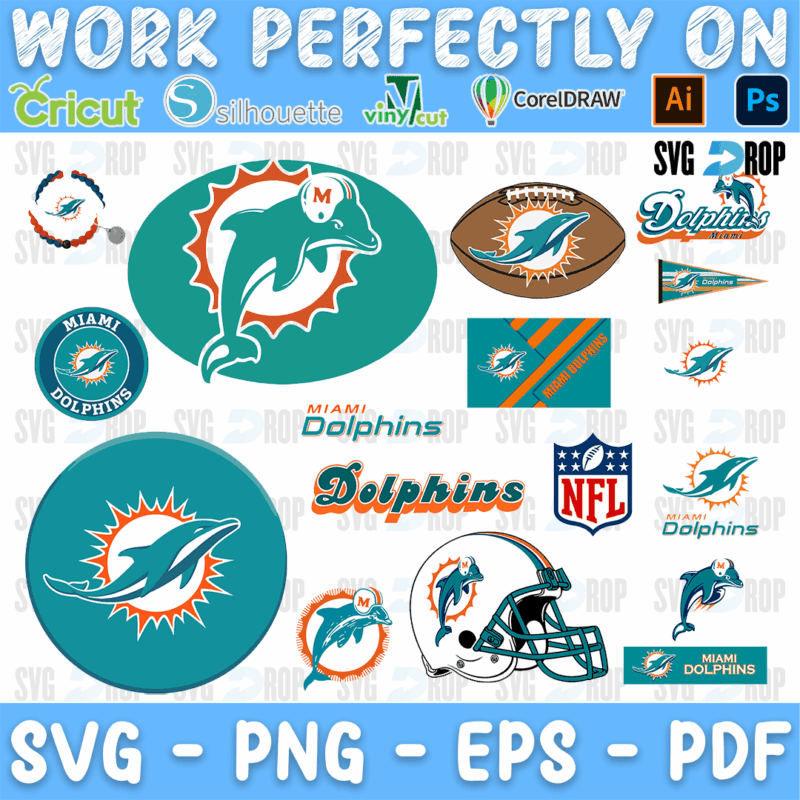 A Miami Dolphins logo set in aqua and orange: the dolphin logo, round badges, a football, the helmet, the NFL shield, Dolphins wordmarks. SVG bundle