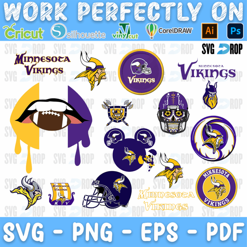 A Minnesota Vikings logo set in purple and gold: the Viking head, the horns helmet, round badges, Vikings wordmarks, a sugar skull. SVG bundle