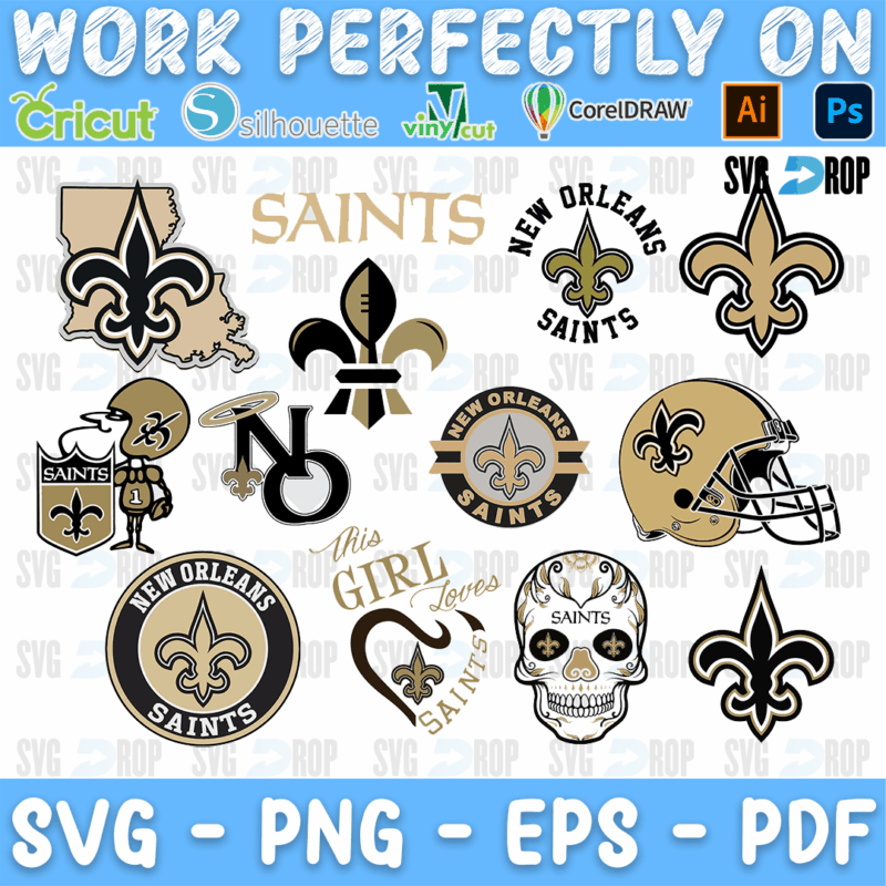 A New Orleans Saints logo set in black and gold: the fleur de lis, the Saints helmet, the Louisiana map, round badges, Saints wordmarks. SVG bundle