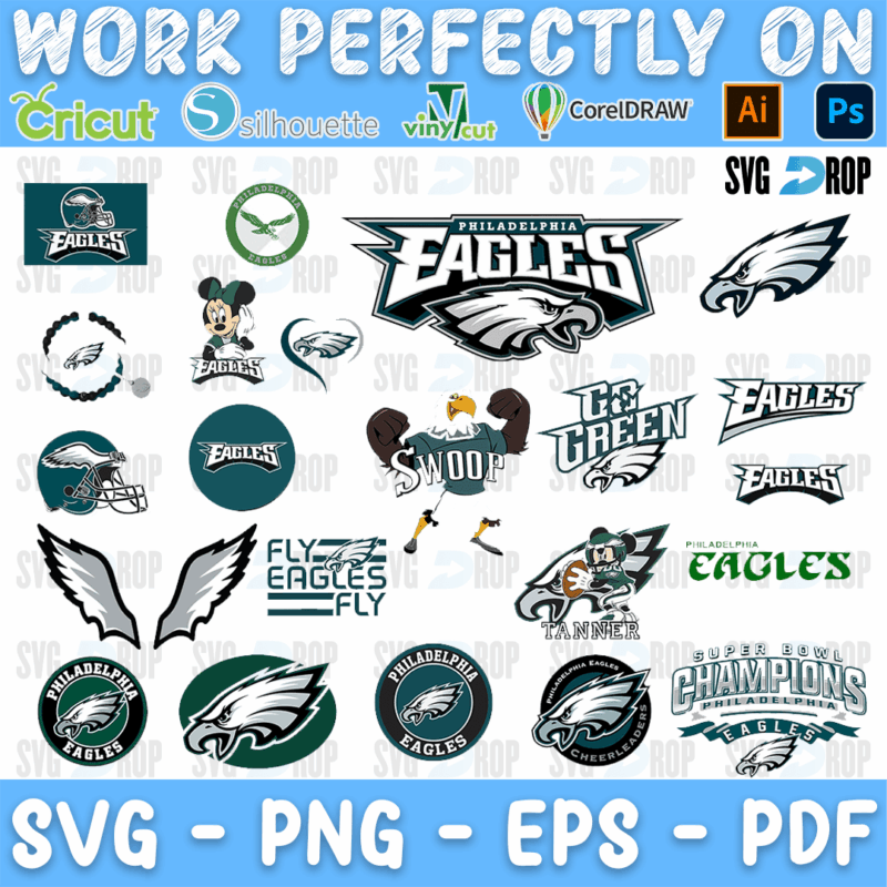 A Philadelphia Eagles logo set in green, silver and black: the eagle head, the wings, the helmet, round badges, Eagles wordmarks, Fly. SVG bundle