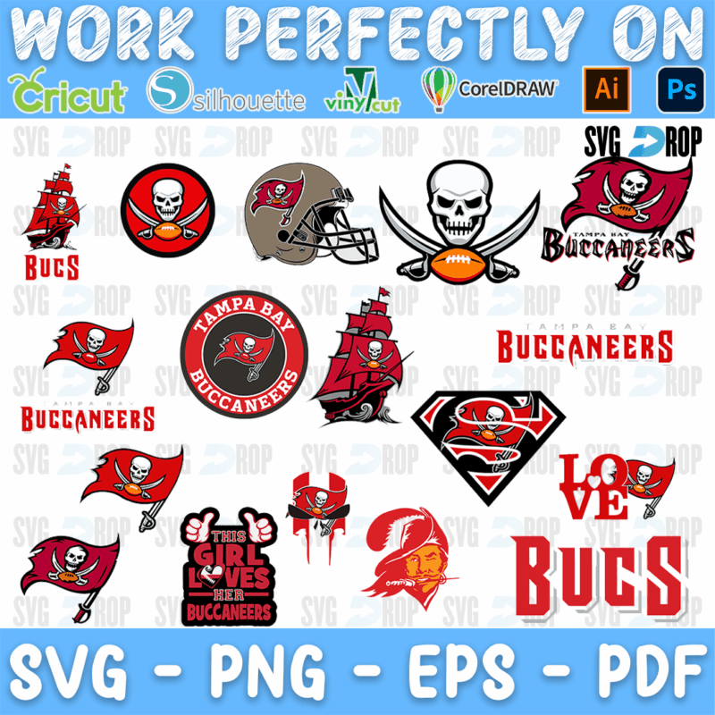 A Tampa Bay Buccaneers logo set in red, pewter and black: the pirate flag, the skull and swords, the helmet, the pirate ship, round. SVG bundle