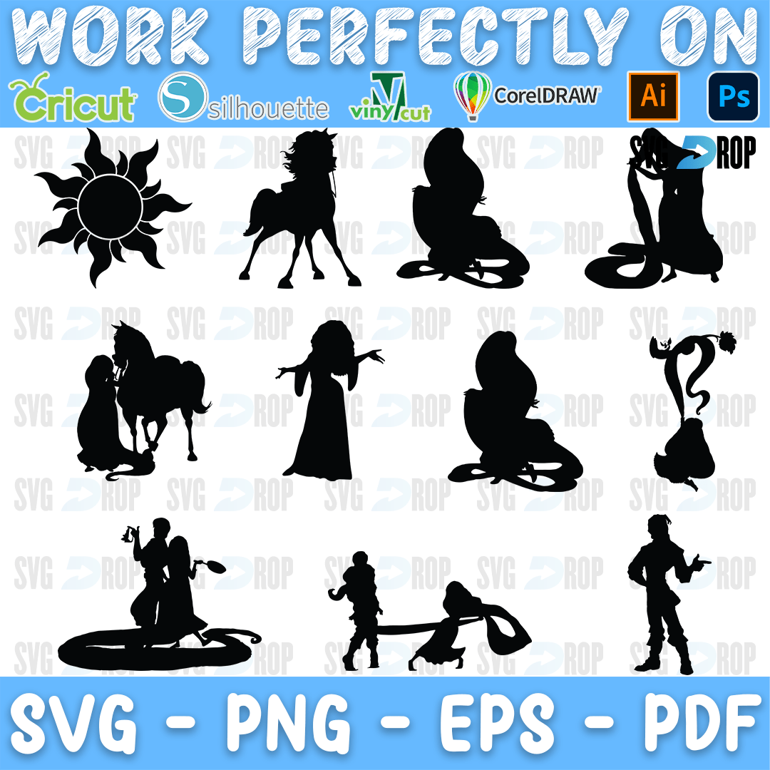 A set of black Tangled silhouettes: the sun emblem, Maximus the horse, Rapunzel with her long hair, Flynn Rider and the couple together. SVG bundle