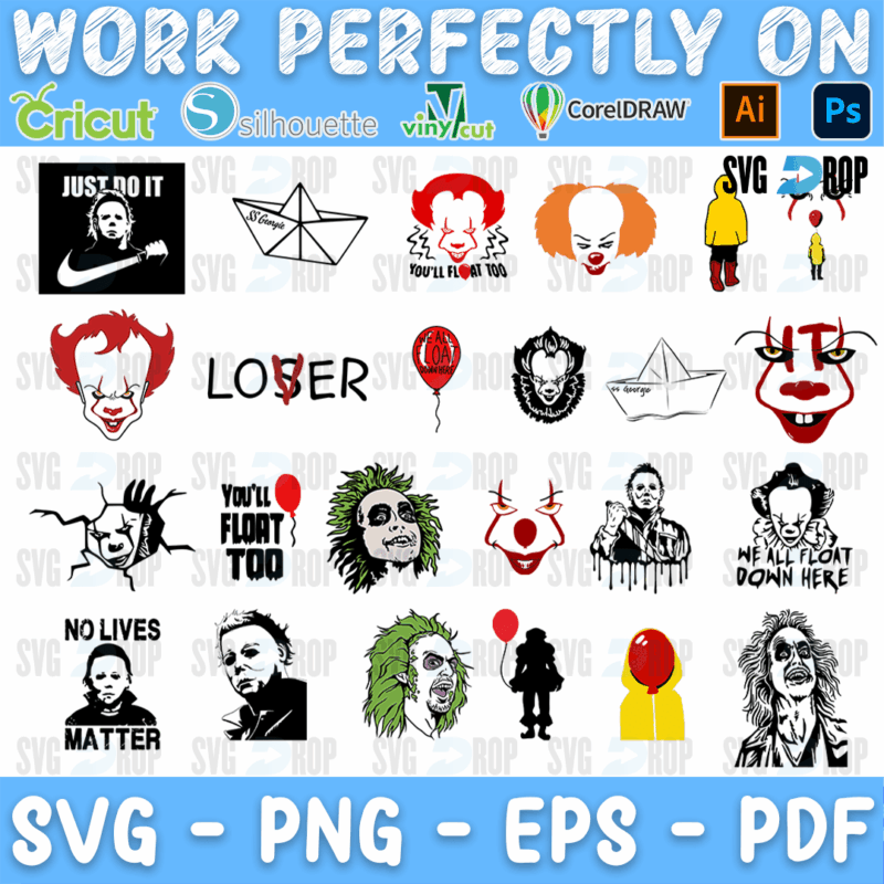 A horror movie design sheet: Pennywise, a Just Do It parody, a paper boat, a red balloon, Georgie in a yellow raincoat, Beetlejuice. SVG bundle