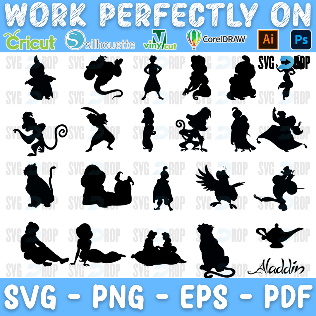 Black Aladdin silhouettes: Jasmine, Aladdin, the Genie, Abu, Iago, Rajah, the lamp, couples on the carpet and an Aladdin lettering design. SVG bundle