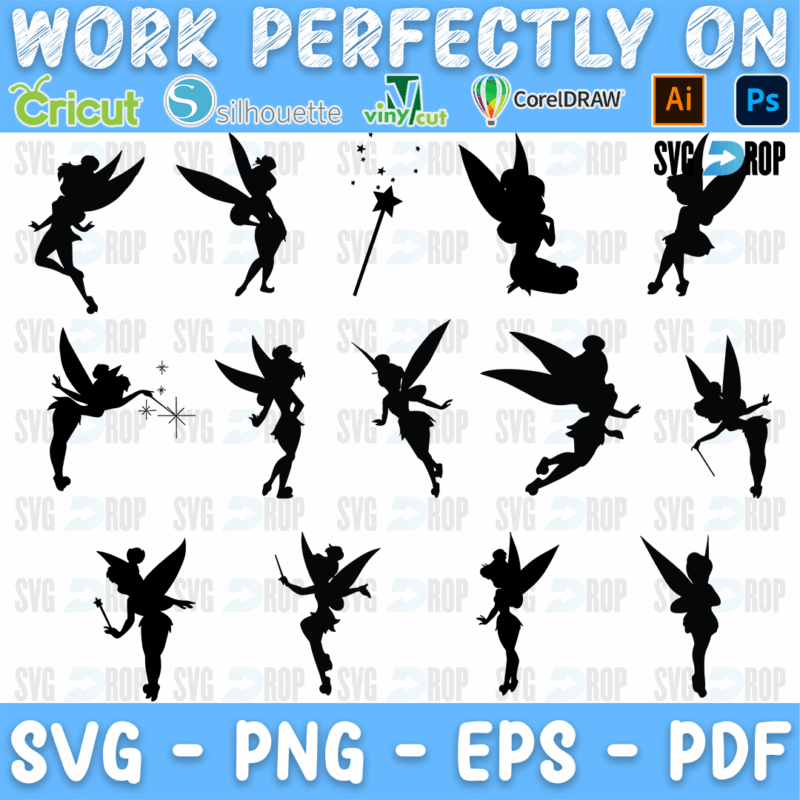 A sheet of Tinker Bell silhouettes: the fairy flying, sitting, waving her wand and posing with open wings, drawn as solid black shapes. SVG bundle