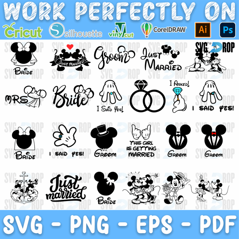 A sheet of Mickey and Minnie wedding designs in black: Bride and Groom ears, Mrs, Just Married and I Said Yes lettering, engagement. SVG bundle