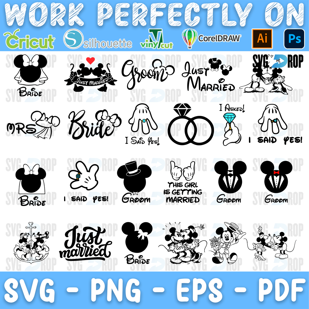 A sheet of Mickey and Minnie wedding designs in black: Bride and Groom ears, Mrs, Just Married and I Said Yes lettering, engagement. SVG bundle